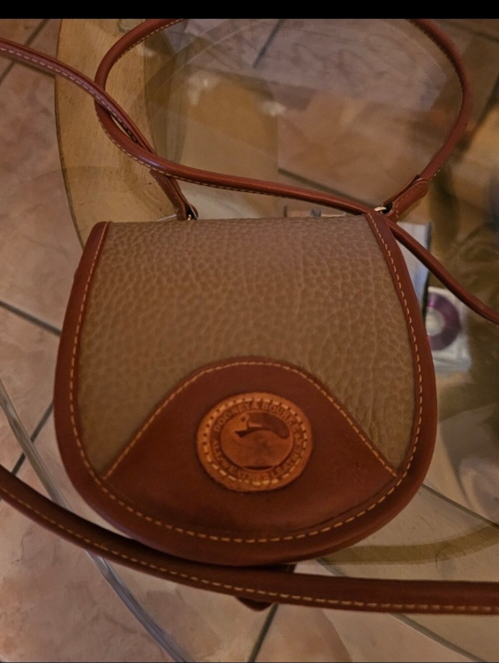 Dooney & Bourke Mini Beige and Tan Pebbled Leather Duck Crossbody Belt Bag